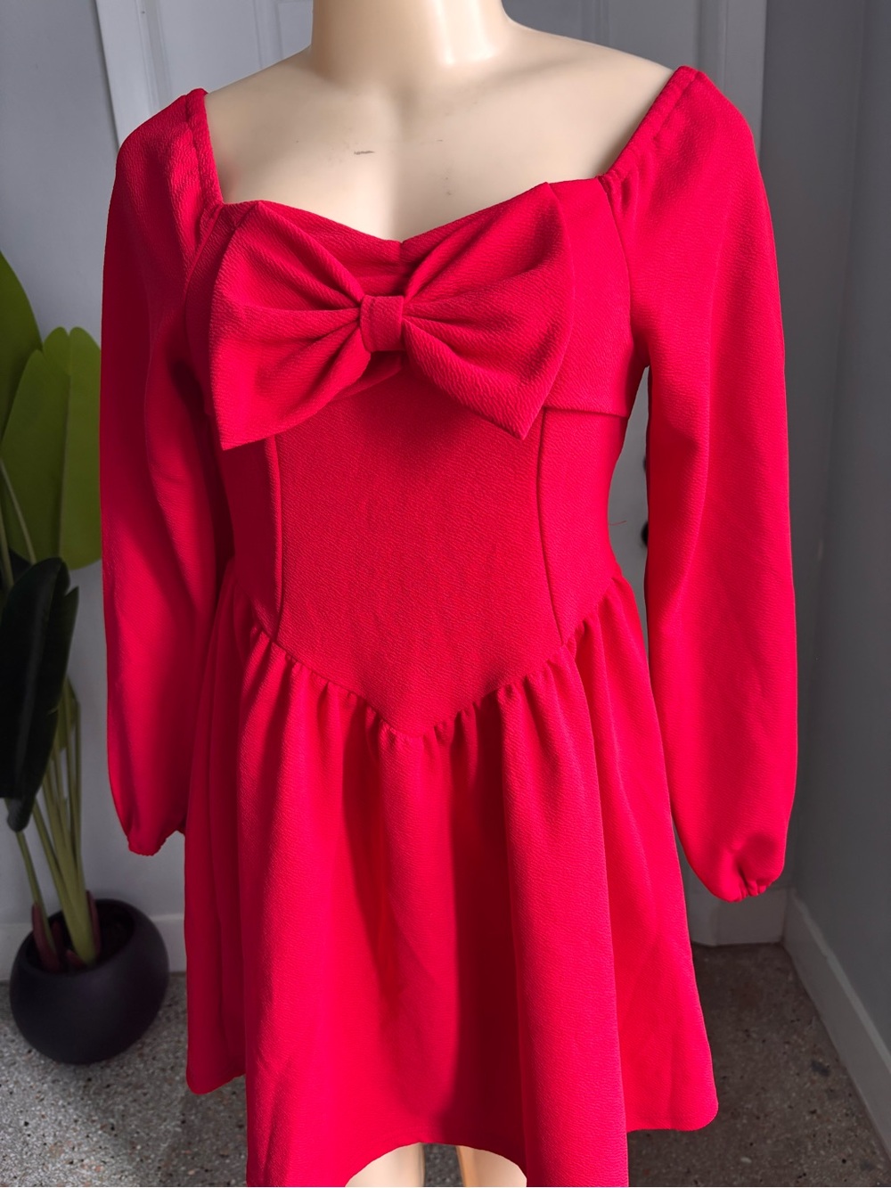 Girls' Red Bow Front Long Sleeve Dress